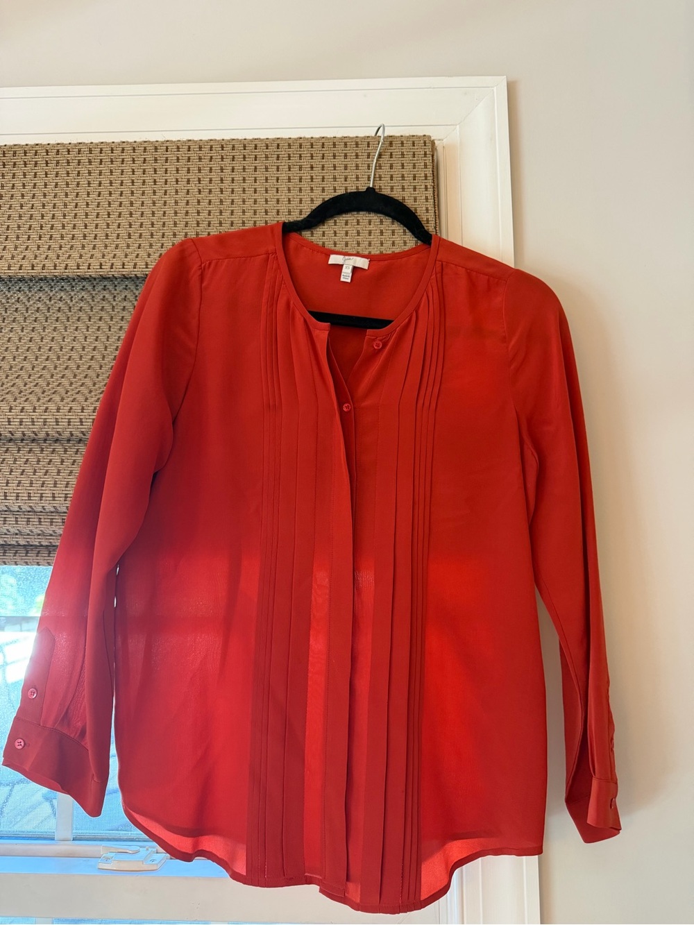 Joie Red Pleated Silk Front Button-Down Blouse